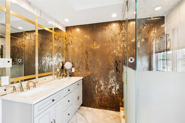 Bathroom, Dual Sink Vanities, Glass Shower, Interior, Marble, Recessed Lighting