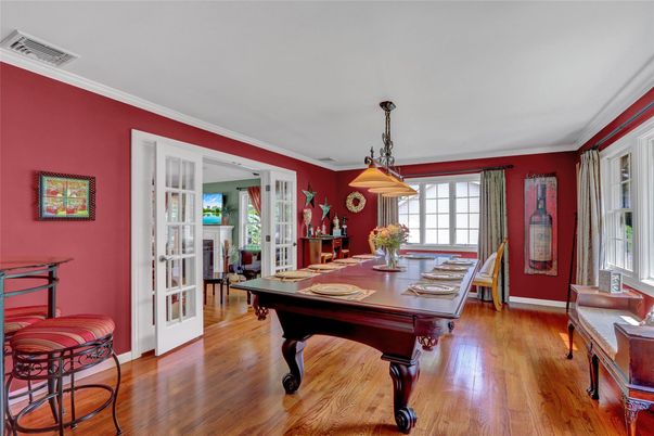 Dining room, Game Room, Interior, Pendant Lights, Wood Texture Flooring