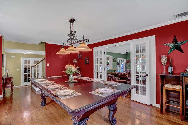Dining room, Interior, Pendant Lights, Wood Texture Flooring