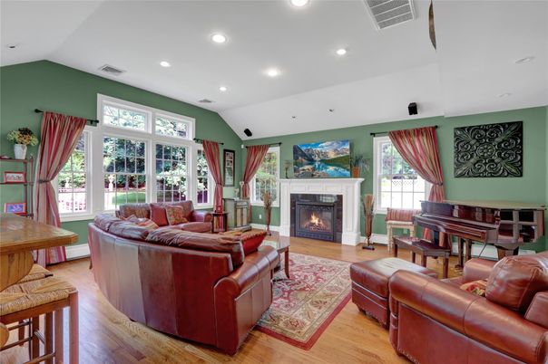 Fireplace, Interior, Living room, Piano, Recessed Lighting, Wood Texture Flooring