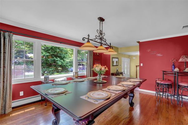 Dining room, Interior, Pendant Lights, Wood Texture Flooring