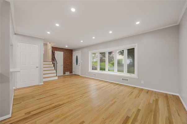 Empty room, Interior, Recessed Lighting, Stone Walls, Wood Texture Flooring