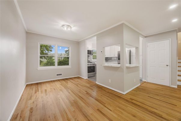 Empty room, Interior, Kitchen, Recessed Lighting, Wood Texture Flooring