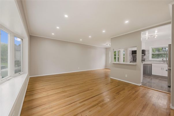 Empty room, Interior, Kitchen, Recessed Lighting, Wood Texture Flooring