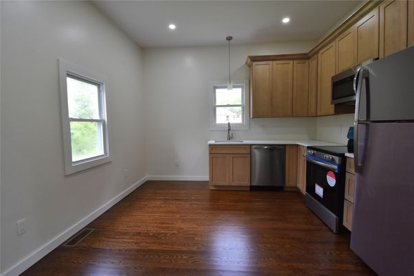 Interior, Kitchen, Pendant Lights, Recessed Lighting, Wood Texture Flooring