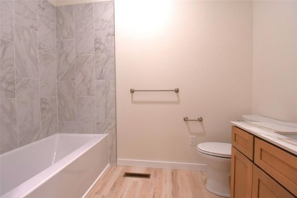 Bathroom, Interior, Marble Walls, Wood Texture Flooring