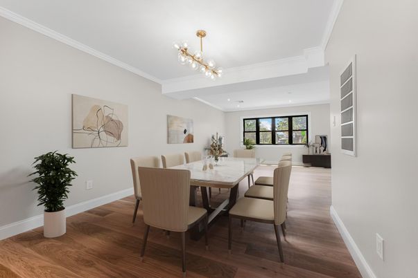 Dining room, Interior, Recessed Lighting, Wood Texture Flooring