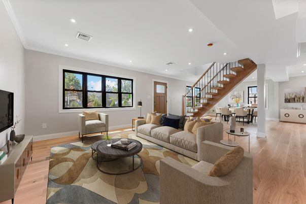 Dining room, Interior, Living room, Recessed Lighting, Wood Texture Flooring