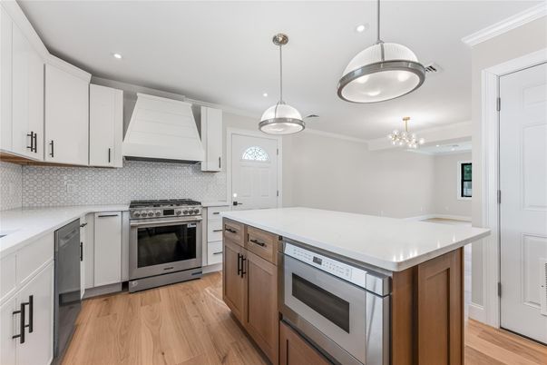 Interior, Kitchen, Pendant Lights, Recessed Lighting, Stainless Steel Appliances, Wood Texture Flooring
