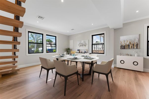 Dining room, Interior, Recessed Lighting, Wood Texture Flooring