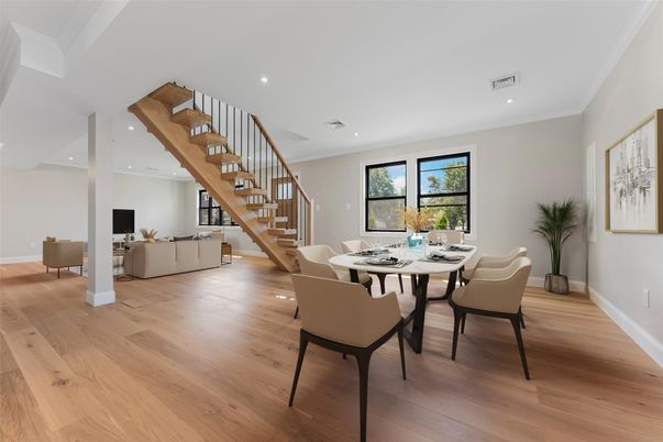 Dining room, Interior, Living room, Recessed Lighting, Wood Texture Flooring