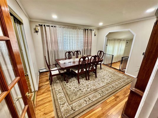 Dining room, Interior, Recessed Lighting, Wood Texture Flooring