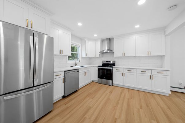 Interior, Kitchen, Recessed Lighting, Stainless Steel Appliances, Wood Texture Flooring