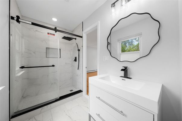 Bathroom, Glass Shower, Interior, Marble, Marble Walls, Recessed Lighting