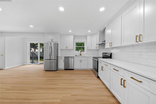 Interior, Kitchen, Recessed Lighting, Stainless Steel Appliances, Wood Texture Flooring