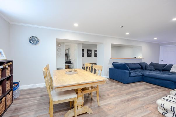 Dining room, Interior, Recessed Lighting, Wood Texture Flooring