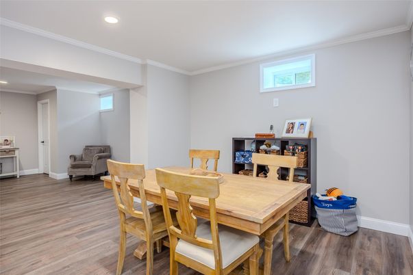 Dining room, Interior, Recessed Lighting, Wood Texture Flooring