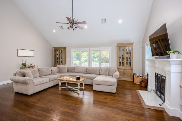 Fireplace, Interior, Living room, Recessed Lighting, Wood Texture Flooring