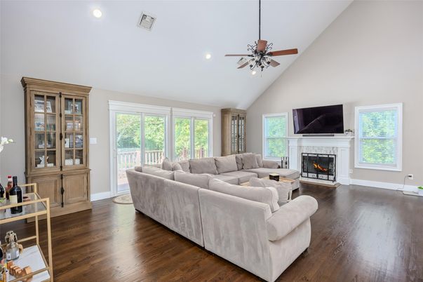 Fireplace, Interior, Living room, Recessed Lighting, Wood Texture Flooring