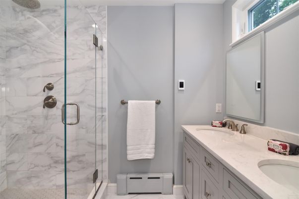 Bathroom, Dual Sink Vanities, Glass Shower, Interior, Marble, Marble Walls