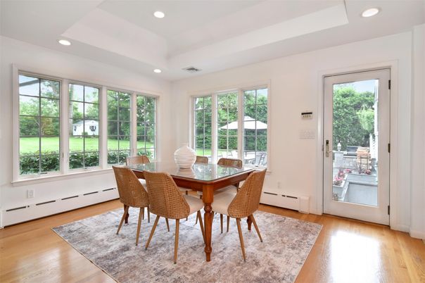 Dining room, Interior, Recessed Lighting, Wood Texture Flooring