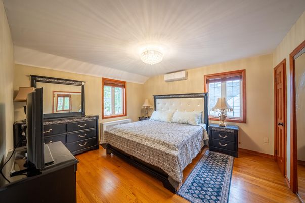 Bedroom, Chandelier, Interior, Wood Texture Flooring