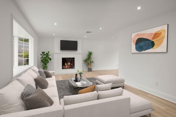 Fireplace, Interior, Living room, Recessed Lighting, Wood Texture Flooring