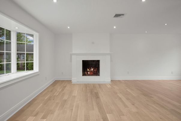 Empty room, Fireplace, Interior, Recessed Lighting, Wood Texture Flooring