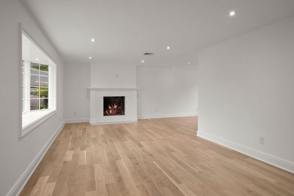 Empty room, Fireplace, Interior, Recessed Lighting, Wood Texture Flooring