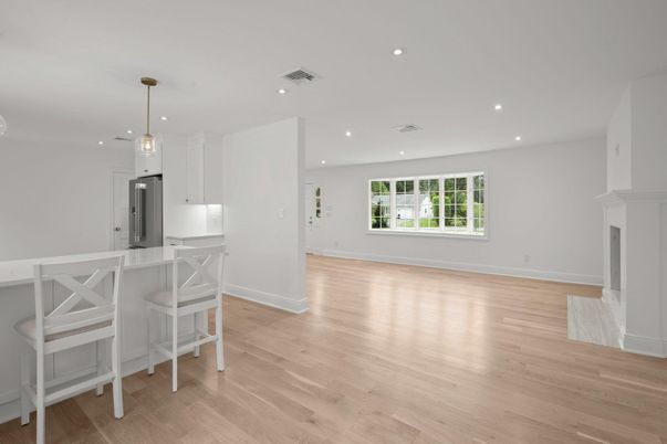 Empty room, Interior, Kitchen, Pendant Lights, Recessed Lighting, Wood Texture Flooring