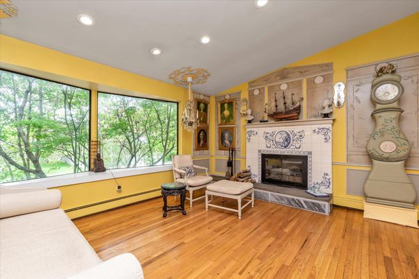 Fireplace, Interior, Recessed Lighting, Wood Texture Flooring