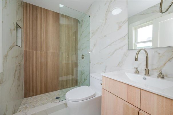 Bathroom, Glass Shower, Interior, Marble Walls, Recessed Lighting