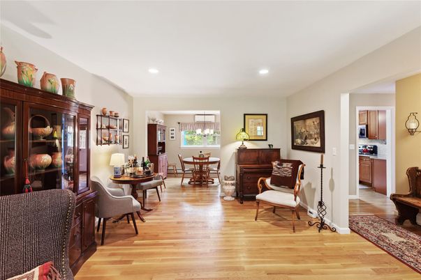 Dining room, Interior, Recessed Lighting, Wood Texture Flooring