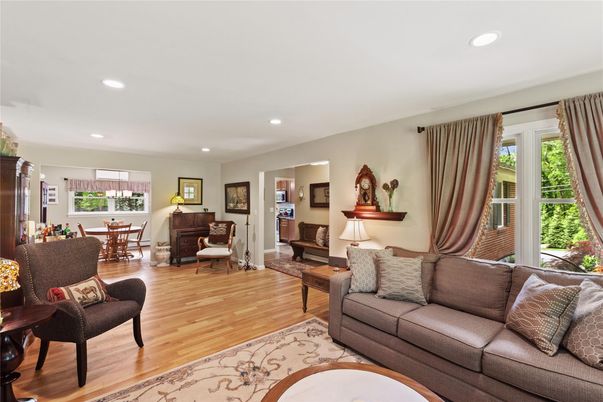 Dining room, Interior, Living room, Recessed Lighting, Wood Texture Flooring