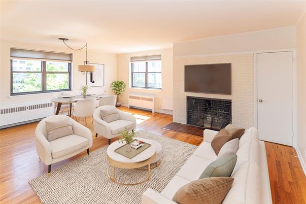 Dining room, Fireplace, Interior, Living room, Pendant Lights, Stone Walls, Wood Texture Flooring