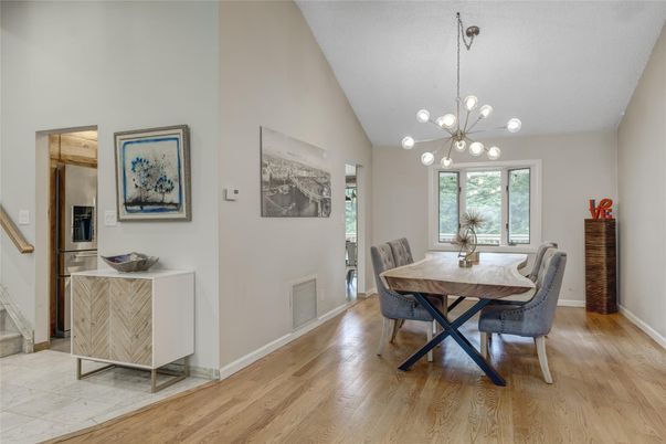 Dining room, Interior, Pendant Lights, Wood Texture Flooring