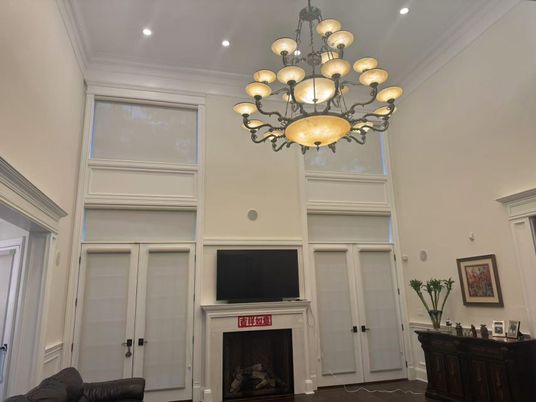 Chandelier, Fireplace, Interior, Marble, Recessed Lighting