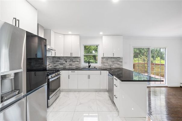 Interior, Kitchen, Marble, Recessed Lighting, Stainless Steel Appliances