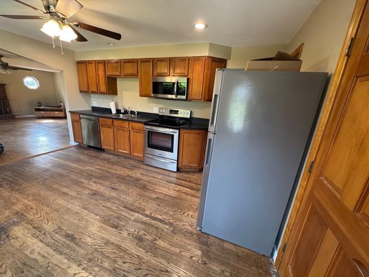 Interior, Kitchen, Recessed Lighting, Stainless Steel Appliances, Wood Texture Flooring