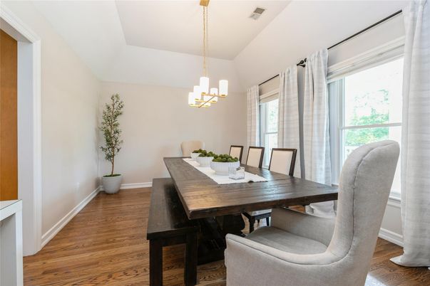Chandelier, Dining room, Interior, Pendant Lights, Wood Texture Flooring