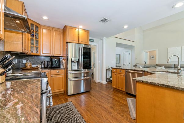 Interior, Kitchen, Recessed Lighting, Stainless Steel Appliances, Wood Texture Flooring