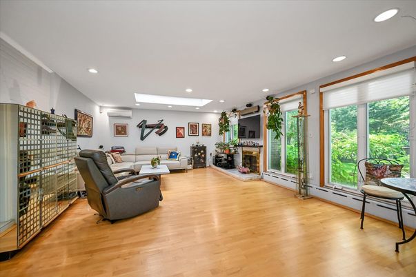 Fireplace, Interior, Living room, Recessed Lighting, Wood Texture Flooring
