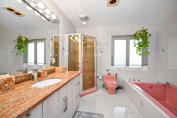 Bathroom, Dual Sink Vanities, Glass Shower, Interior, Marble, Recessed Lighting