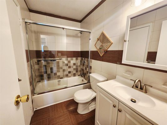 Bathroom, Glass Shower, Interior, Wood Texture Flooring