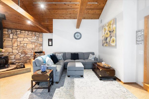 Interior, Living room, Recessed Lighting, Stone Walls, Wooden Beams, Wooden Ceilings