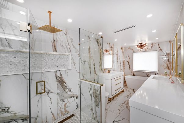Bathroom, Free Standing Baths, Glass Shower, Interior, Marble, Marble Walls, Recessed Lighting