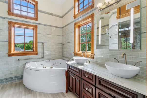 Bathroom, Dual Sink Vanities, Interior, Stone Walls, Wood Texture Flooring
