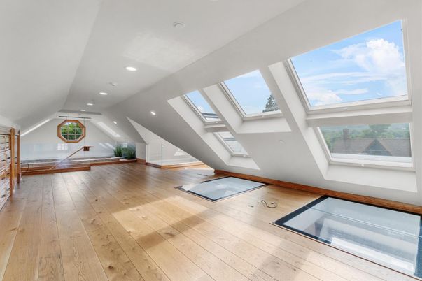 Glass Ceilings, Interior, Pool, Recessed Lighting, Wood Texture Flooring