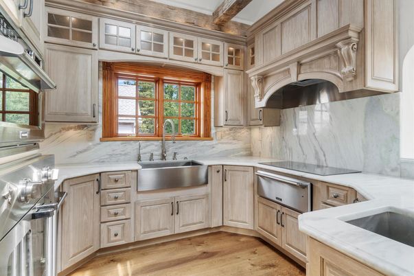 Interior, Kitchen, Marble Walls, Stainless Steel Appliances, Wood Texture Flooring