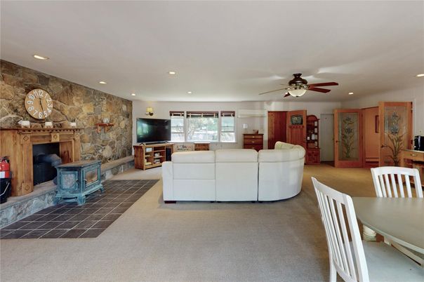 Fireplace, Interior, Living room, Recessed Lighting, Stone Walls